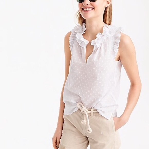 J. Crew Tops - J.Crew White Ruffle Polka Dot Sleeveless Top